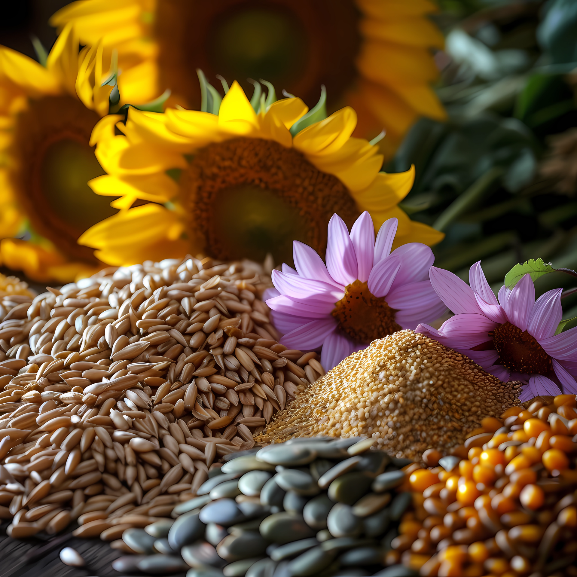 Profile photo featuring a close-up of sunflowers and various seeds, including wheat, corn, and pumpkin seeds, artistically arranged in a nature-inspired still life.