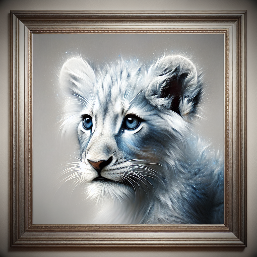 A charming white lion cub with striking blue eyes, captured in a beautifully framed portrait, serves as a captivating forum avatar or profile photo.