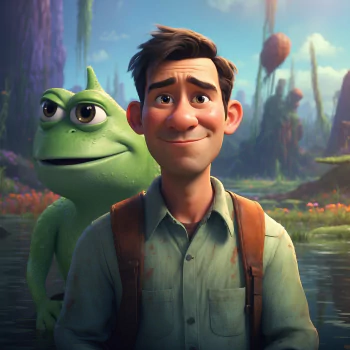Animated movie characters avatar featuring a smiling man and a green creature against a fantasy backdrop.