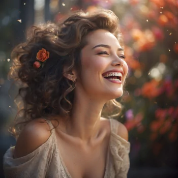 Joyful avatar of a woman laughing with a flower in her hair, representing happiness and positivity.
