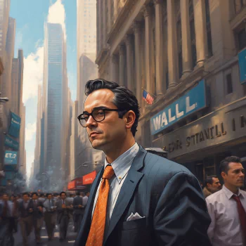 Illustration of a professional man in a suit with glasses standing confidently on Wall Street, surrounded by busy pedestrians and towering buildings.