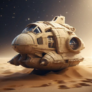 Avatar of a cargo spaceship landed on a sandy alien planet surface, with stars twinkling in the sky in the background.