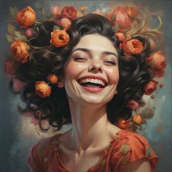 Happy woman laughing with flowers in her hair for a cheerful avatar profile picture.
