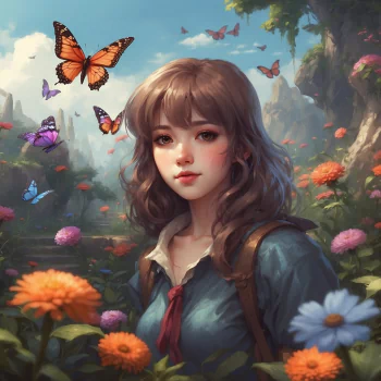 Profile avatar featuring a young woman in a vibrant butterfly garden, with colorful blossoms and fluttering butterflies around her.
