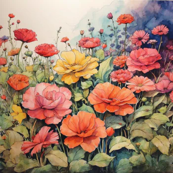 Watercolor painting of a vibrant flower bed with red, orange, and yellow blossoms, used as a forum avatar.