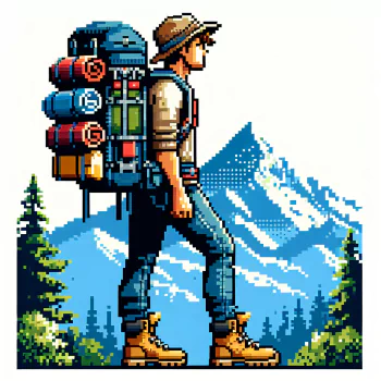 Pixel art avatar featuring a backpacker with a large pack walking in front of a mountainous landscape.