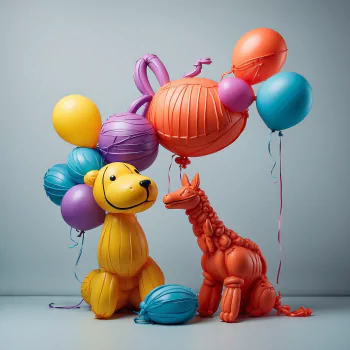 Profile photo of colorful balloon animals, including a yellow dog and a red giraffe, alongside various floating balloons.