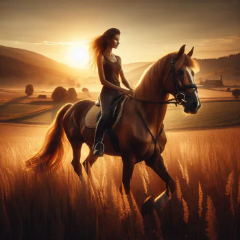 Profile photo of a woman riding a horse through a golden field at sunset, conveying a sense of freedom and adventure.