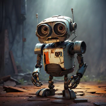 A charming robot stands in a dimly lit, ruined environment, its expressive eyes conveying curiosity. This unique image serves as a forum avatar, embodying a blend of charm and nostalgia.