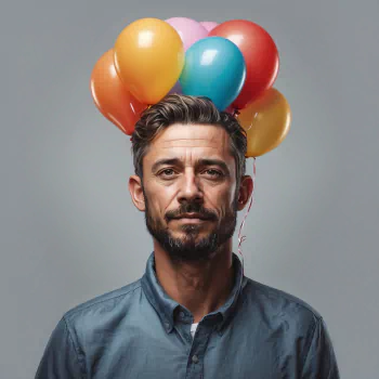 Avatar of a person with a neutral expression wearing a blue shirt, festively adorned with colorful birthday balloons tied above their head.