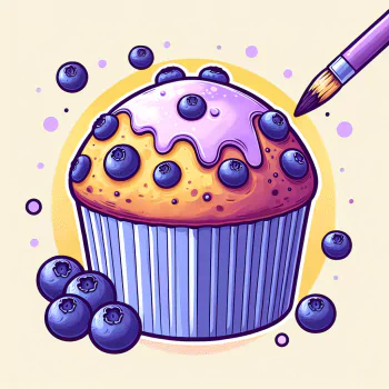 A colorful illustration of a blueberry muffin topped with icing and blueberries, accompanied by a paintbrush, serving as a cheerful forum avatar.