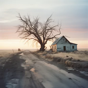 A weathered barn sits beside a barren tree at sunrise, along a muddy road, capturing the essence of ranch life in a serene landscape.