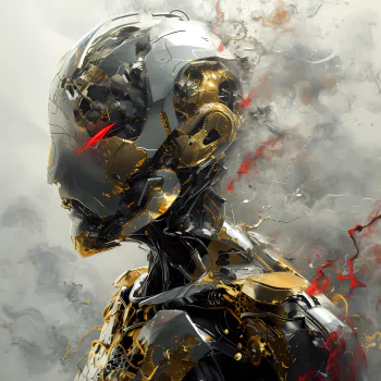 Profile photo of a detailed sci-fi robot enveloped in mist, featuring a golden and black metallic finish with striking red highlights.