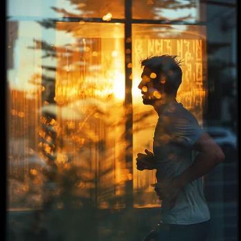 Profile photo of a man jogging past a window during the evening, reflecting a golden sunset.