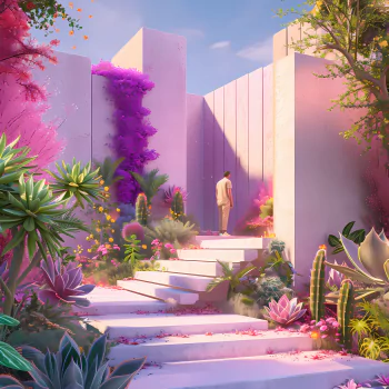 A vibrant garden scene with a figure ascending white steps, surrounded by lush plants and colorful blooms, embodying a vaporwave and psychedelic aesthetic.