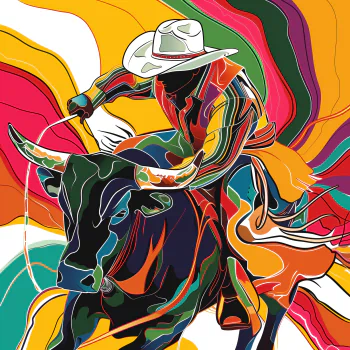 Colorful stylized illustration of a cowboy riding a bull, designed as a dynamic and vibrant forum avatar representing rodeo themes.