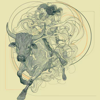 Stylized avatar of a bull riding rodeo scene with dynamic swirls and lines emphasizing movement.