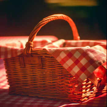 Profile photo of a picnic basket on a red and white checkered cloth, warmly lit by sunlight.