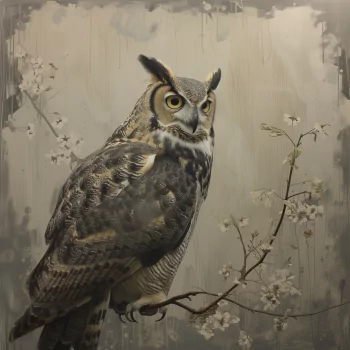 Avatar of a Great Horned Owl perched on a branch, with an artistic, textured beige background.