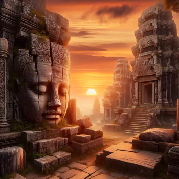 Avatar featuring a serene sunrise at an ancient ruin with giant stone faces and temple structures, evoking a mystical atmosphere.