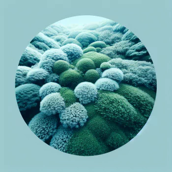 Circular avatar featuring a serene moss garden with a variety of lush green and blue mosses creating a textured natural landscape.
