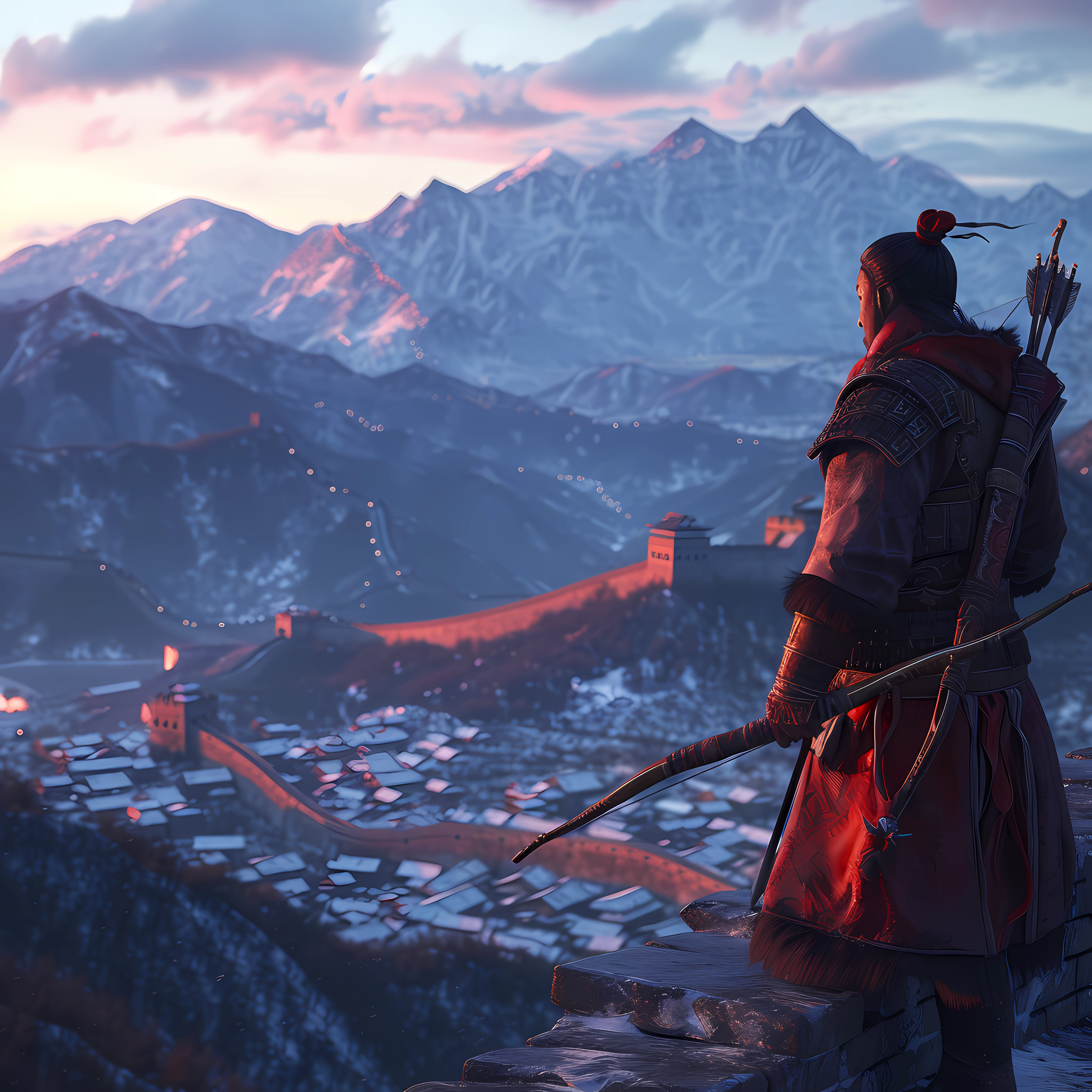 Fantasy depiction of an archer overlooking the Great Wall of China at dusk, conveying a sense of historical adventure.