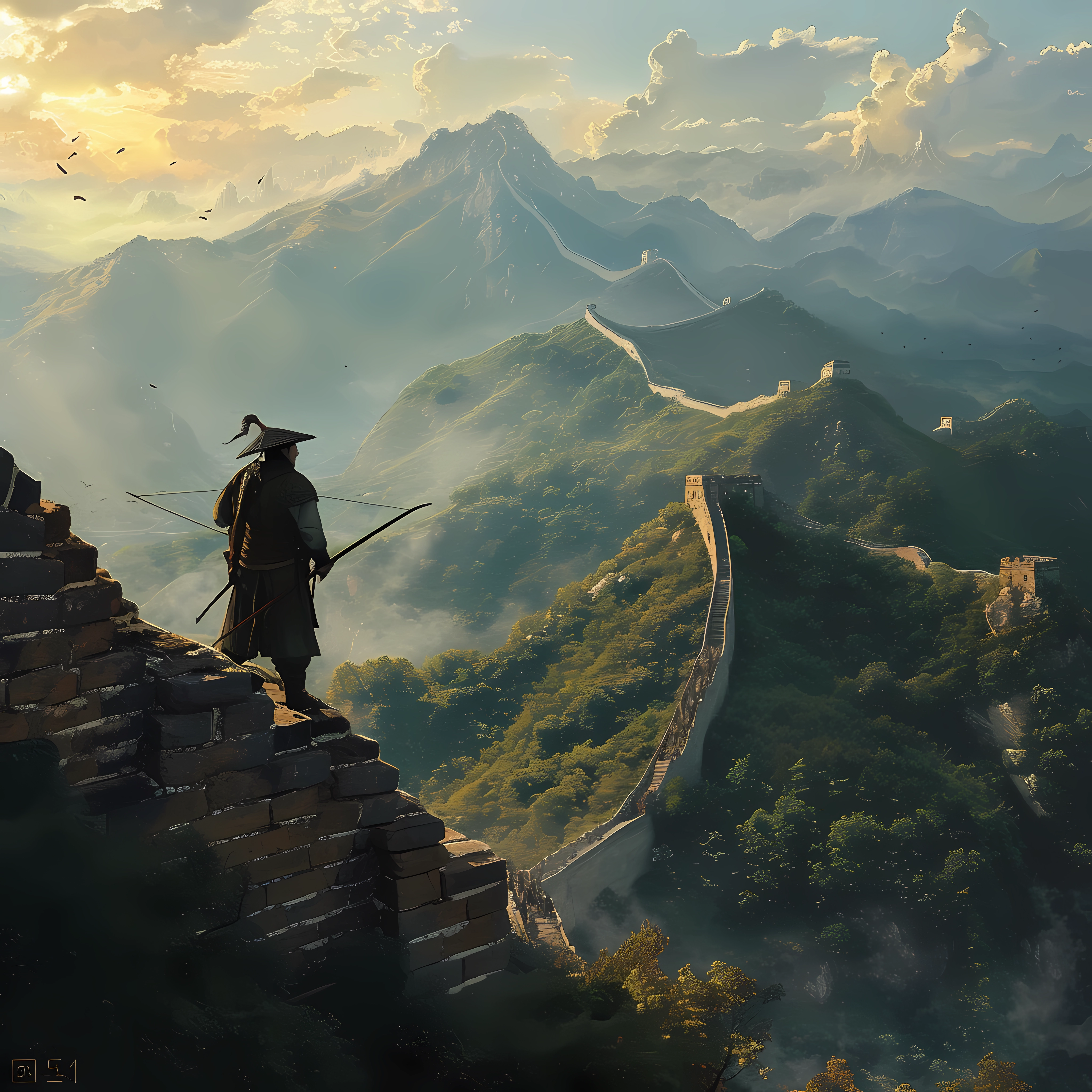 Fantasy avatar of an archer standing on the Great Wall of China with a scenic mountain backdrop, evoking a sense of history and adventure.