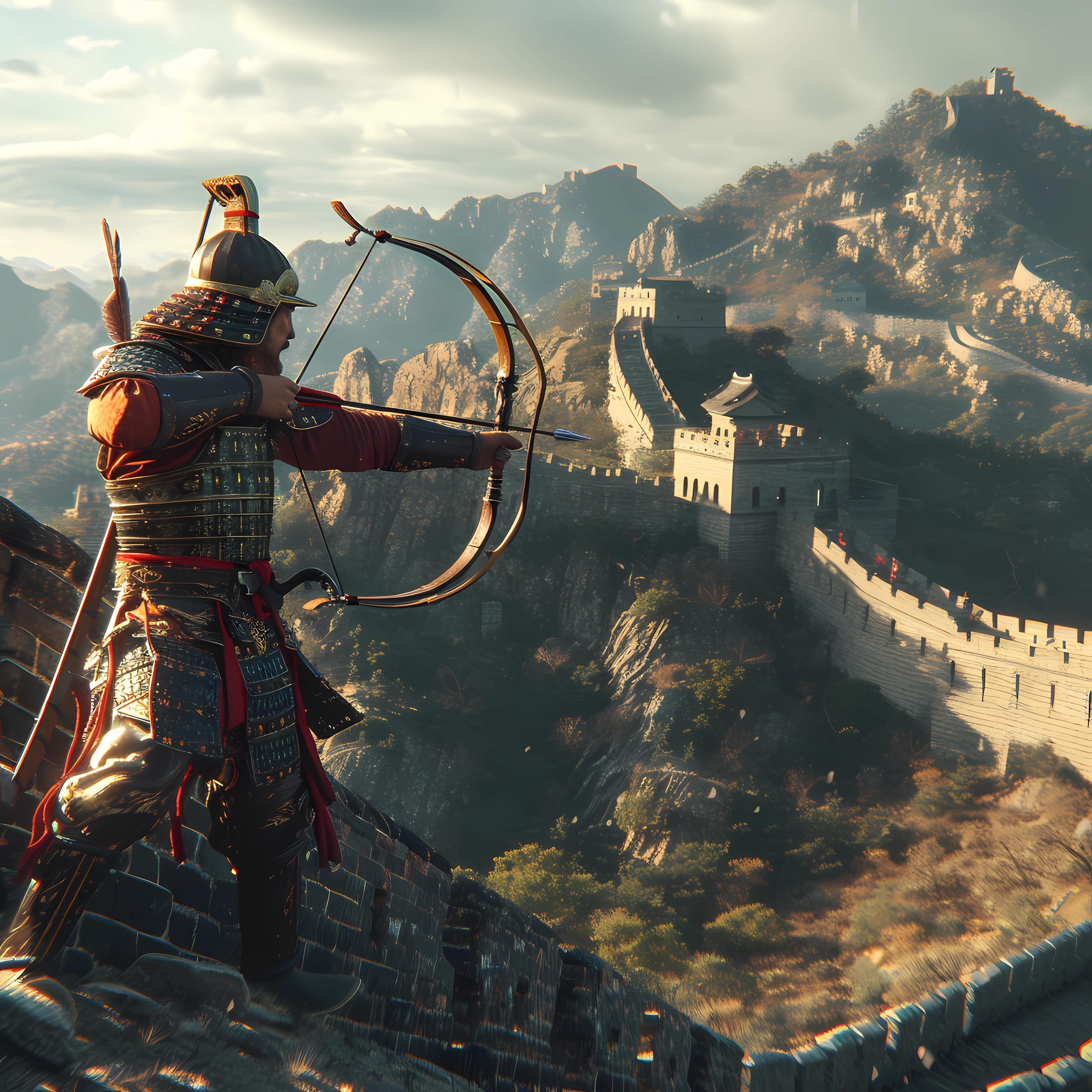 Fantasy archer in historical armor standing on the Great Wall of China, avatar image.