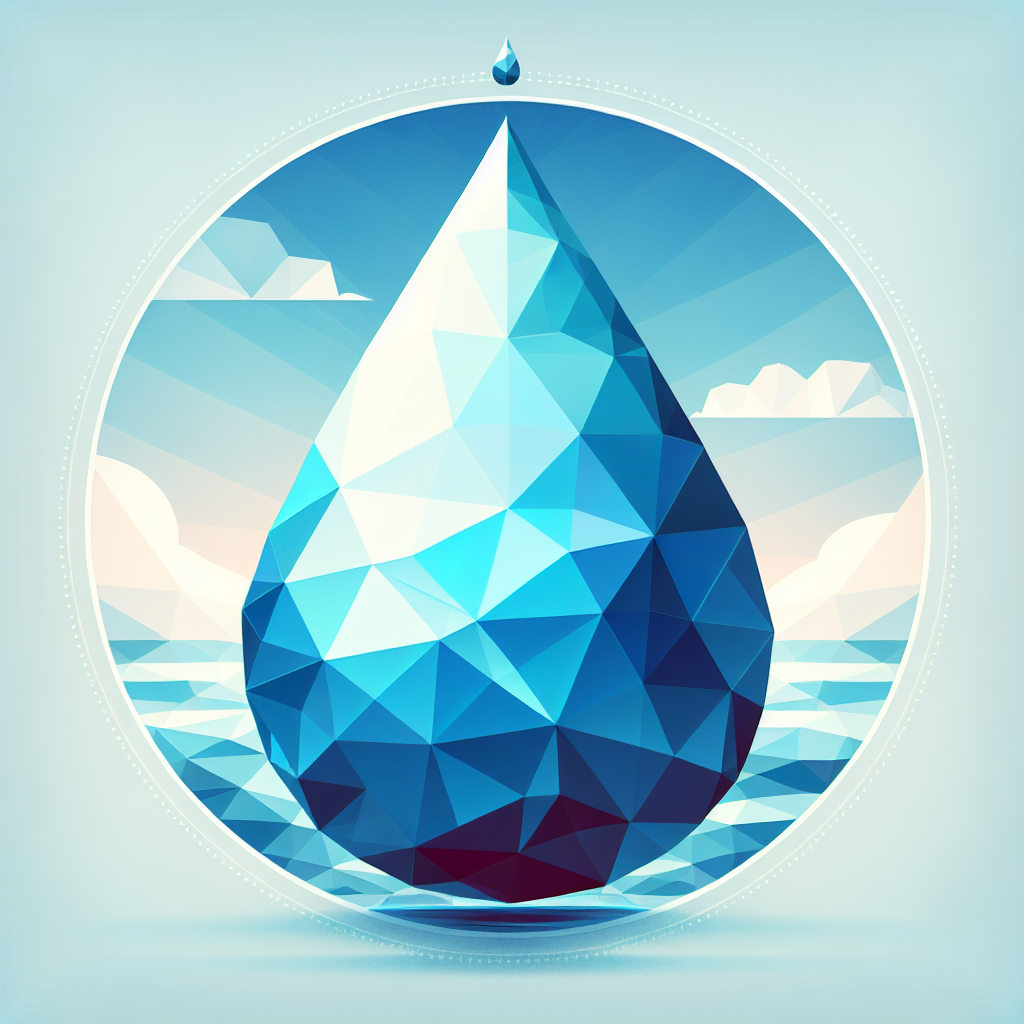Stylized geometric water drop avatar with serene blue landscape reflected within, suitable for profile picture use.