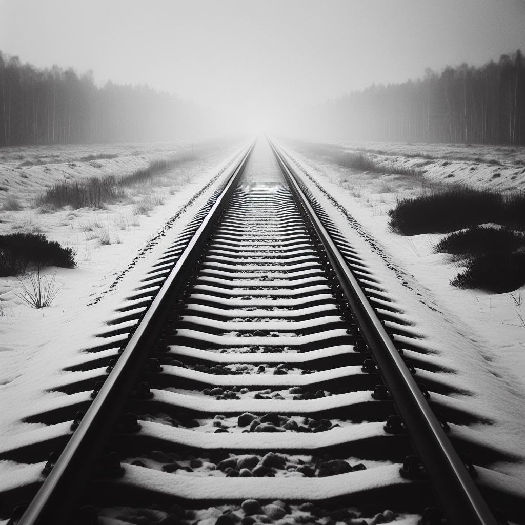 Black and white avatar image of a snow-covered railroad track stretching into a misty forest horizon.