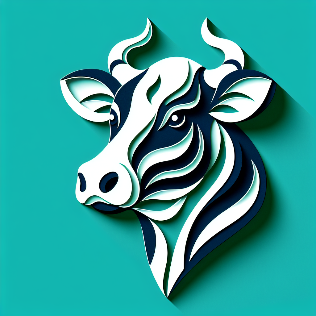 Stylized cow avatar with blue and white design on a teal background.