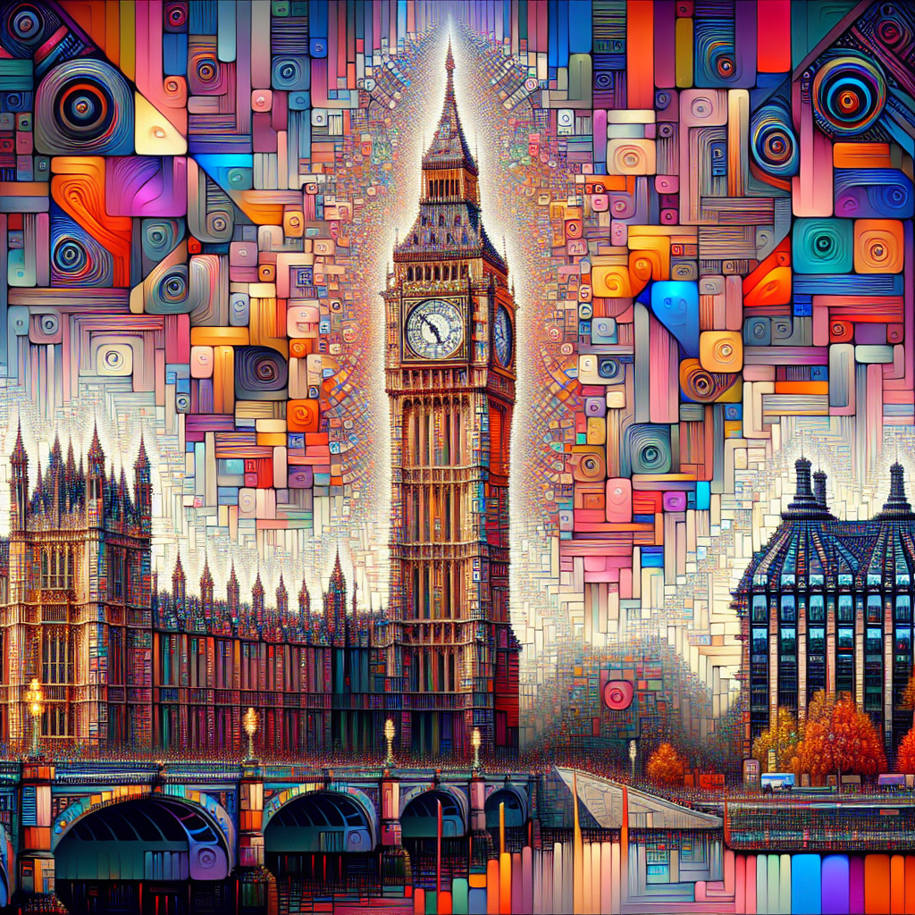 Colorful digital art avatar featuring an abstract Big Ben and Westminster Bridge with geometric patterns.