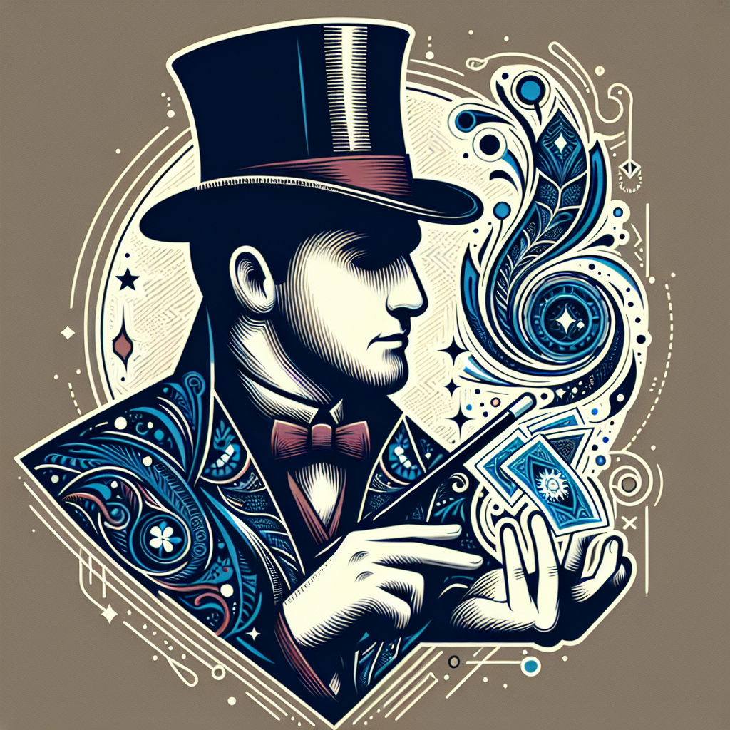 Illustration of a stylish magician avatar with elegant top hat and playing cards, featuring ornate patterns.