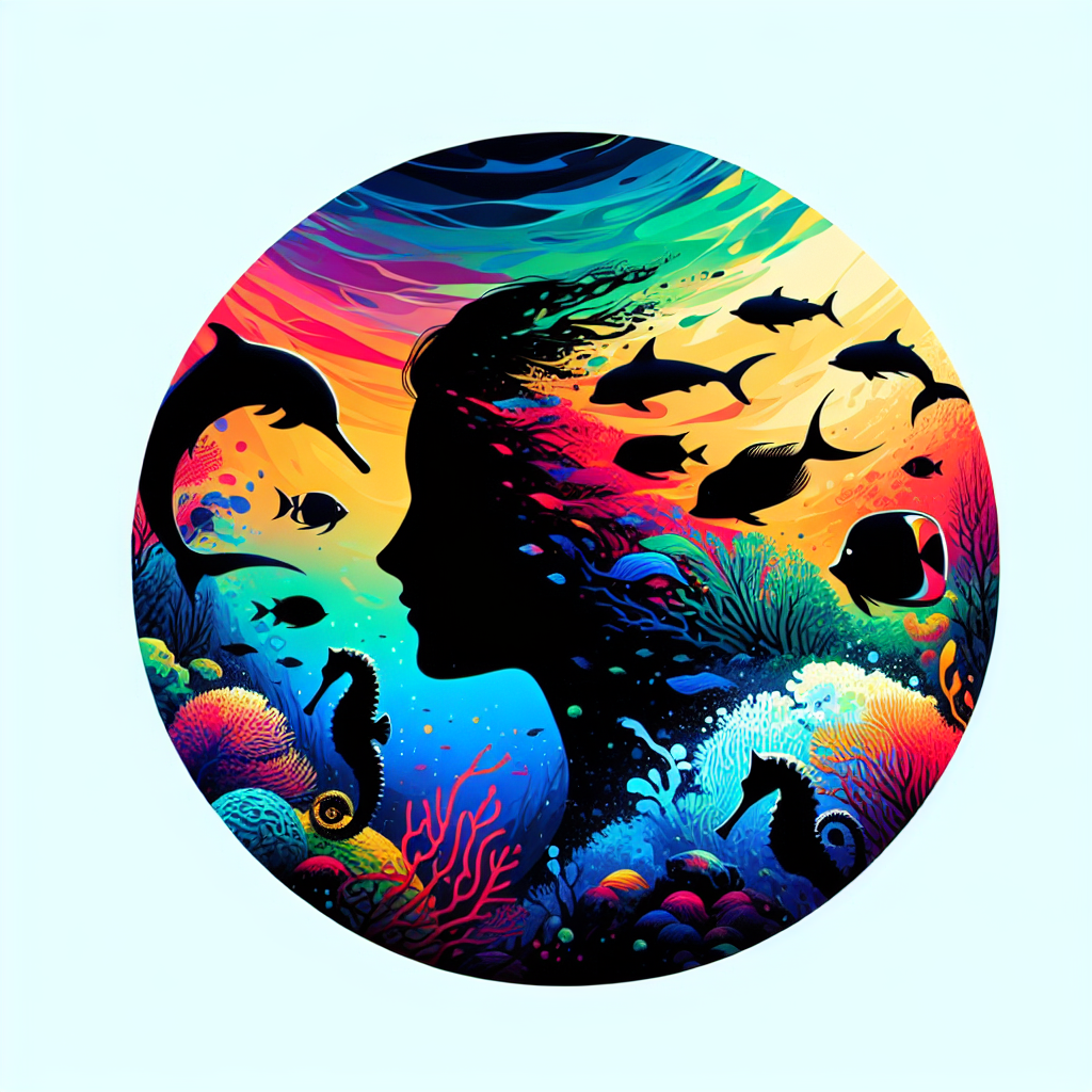 Colorful round avatar featuring vibrant sea life motifs, including fish and coral reefs, designed for social media profiles.