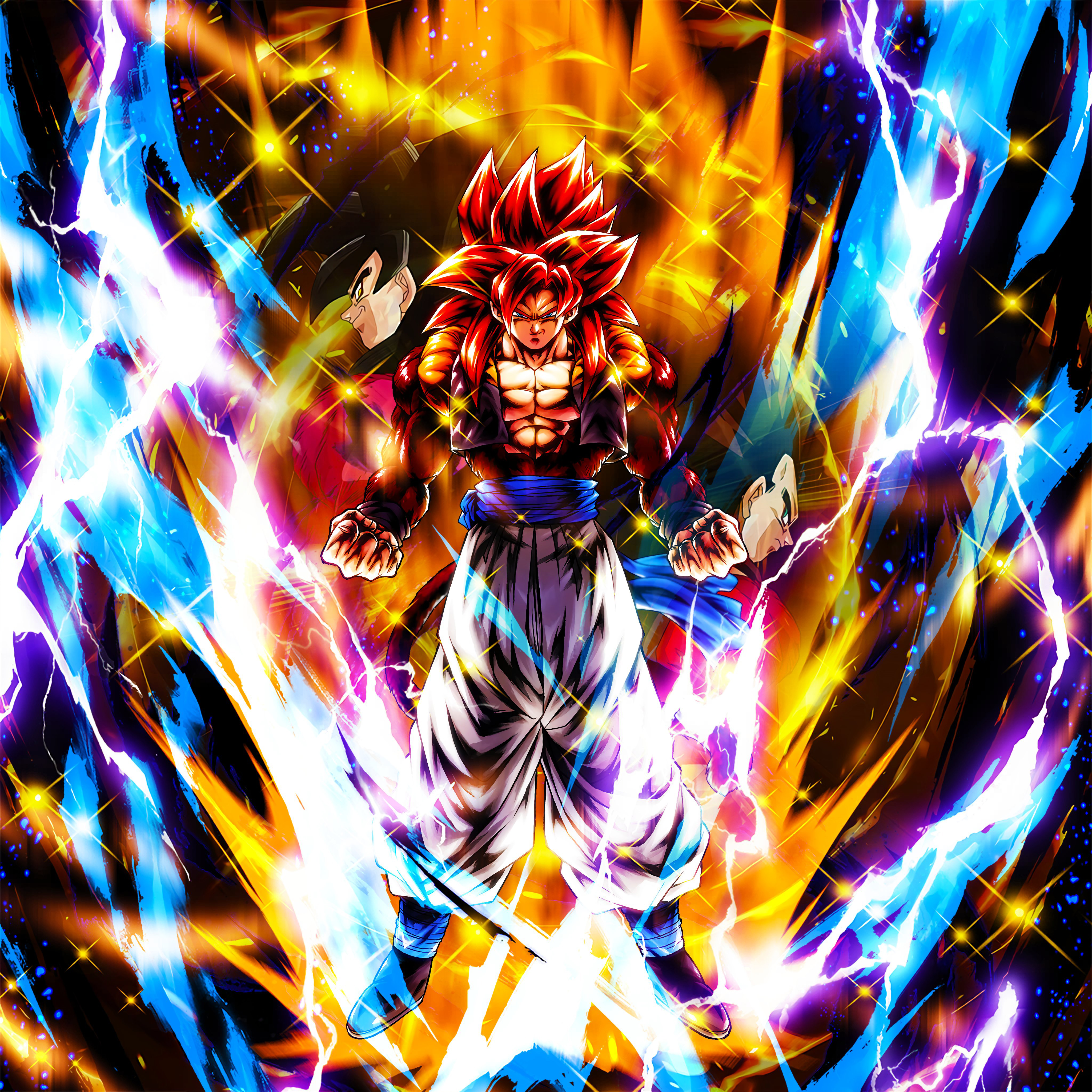 Super Saiyan 4 Gogeta avatar from Dragon Ball Legends video game, with dynamic energy effects.