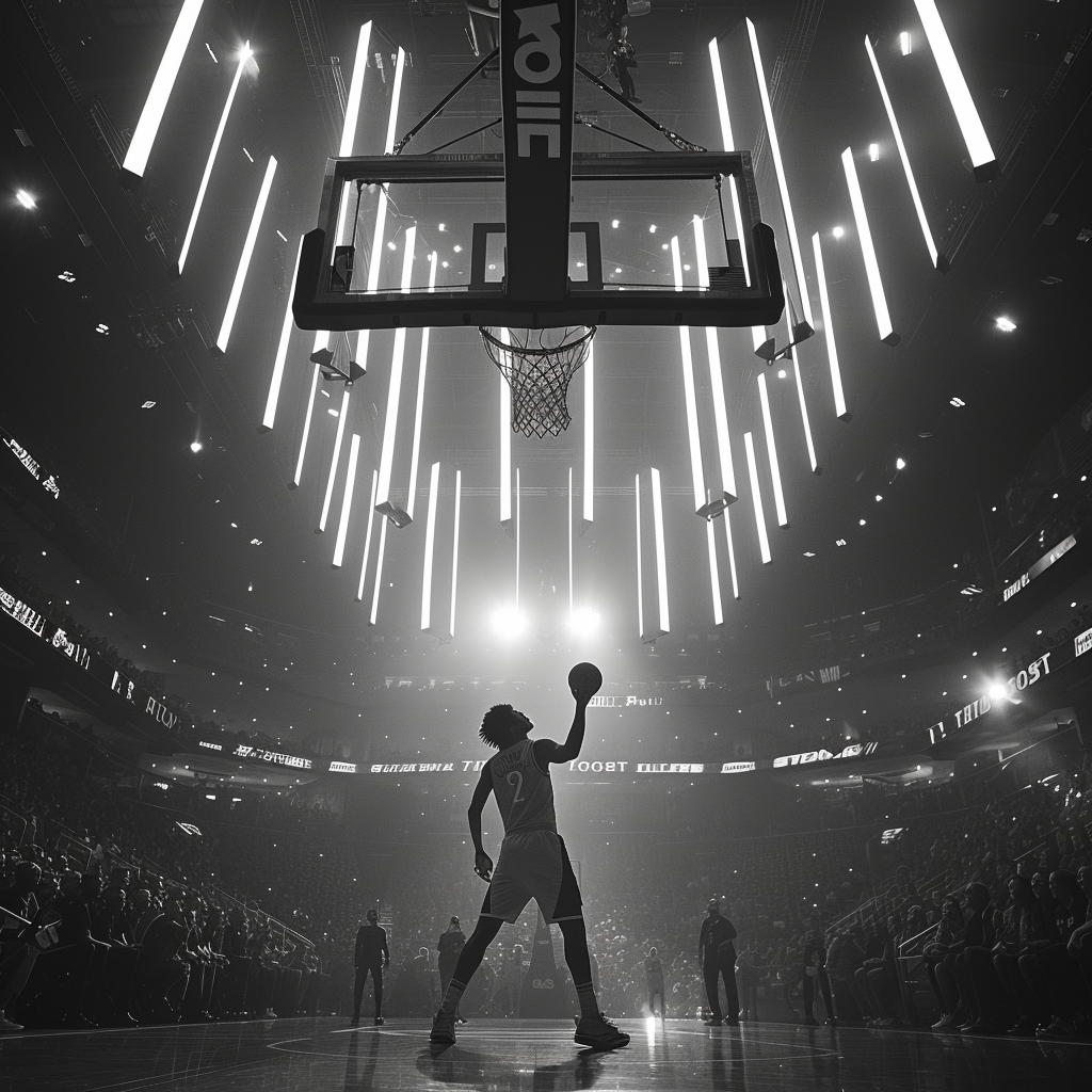Silhouette of a basketball player in an NBA stadium preparing for a shot with dramatic lighting.