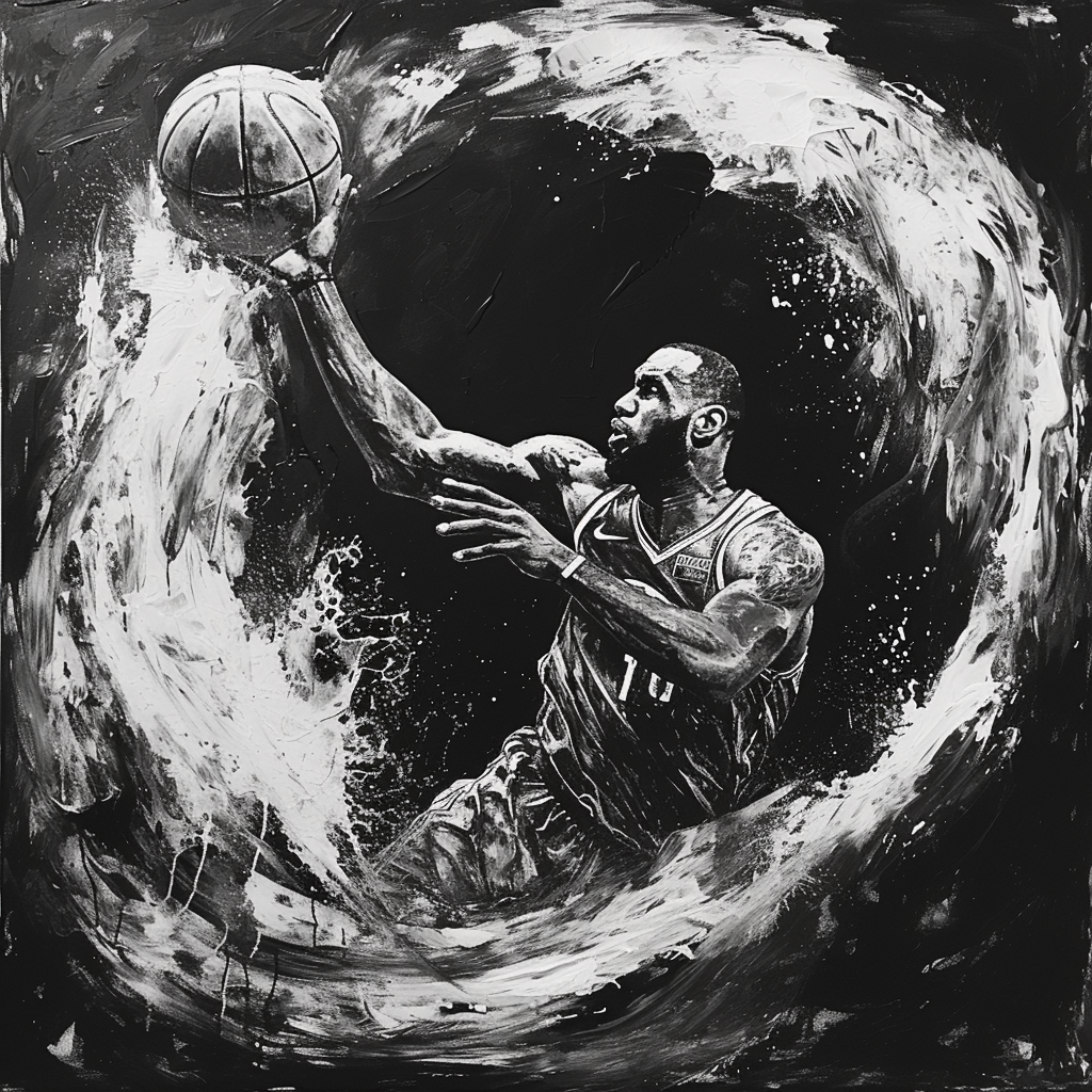 Dynamic monochrome avatar featuring a basketball player executing an action-packed move with a swirling backdrop, capturing the intense energy of an NBA game.