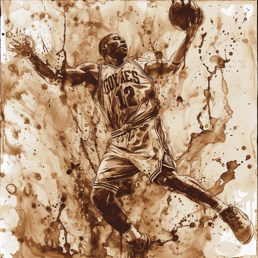 Sepia-toned artistic avatar featuring an NBA player making a dynamic basketball move with a splatter background, ideal for sports profile representation.