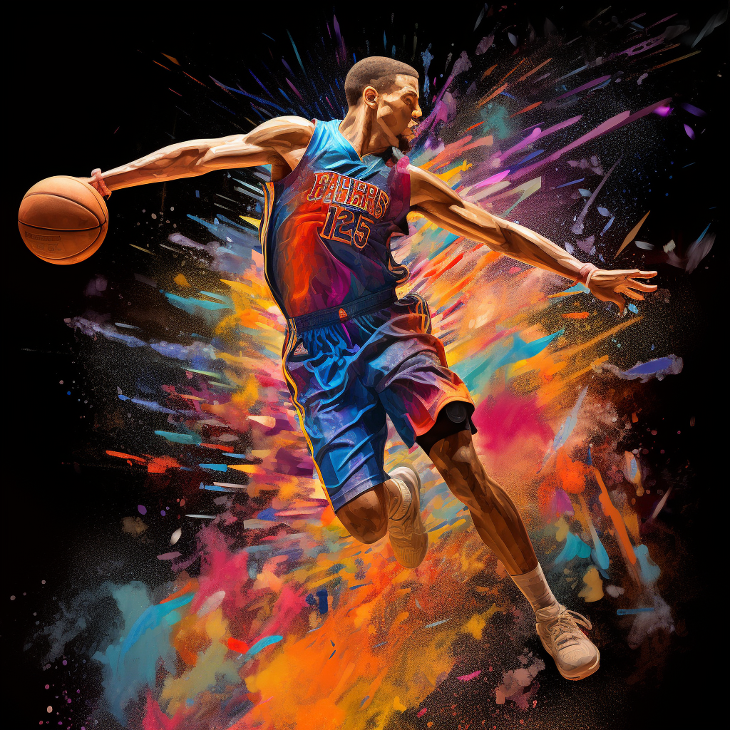 Dynamic basketball player avatar with explosive colorful background representing NBA sports action.