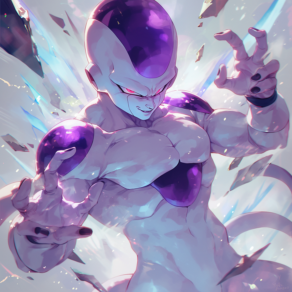Illustration of Frieza from Dragon Ball as a dynamic avatar, poised for battle with a powerful aura emanating.