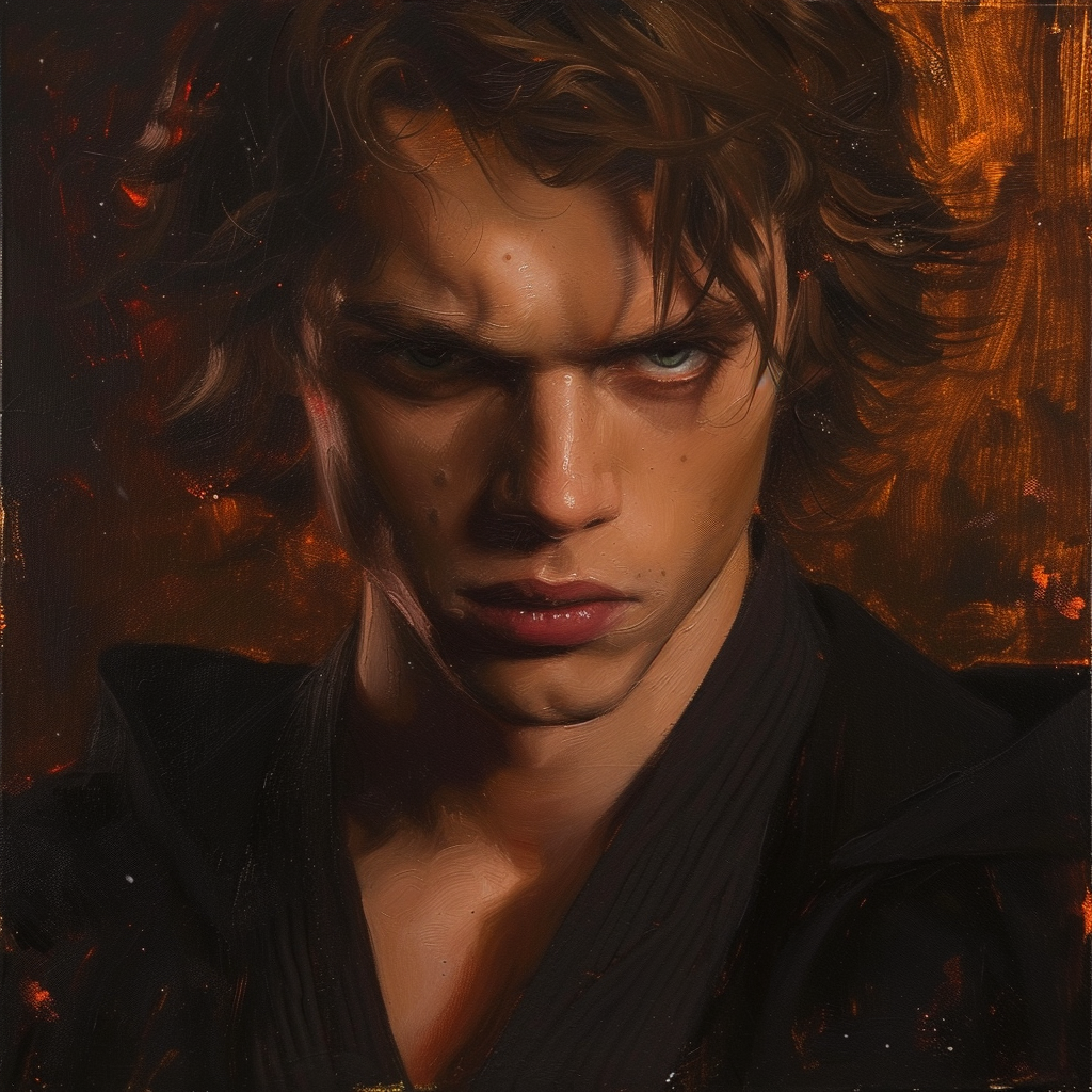 Intense avatar image of a young man with dark hair, reminiscent of Anakin Skywalker from Star Wars, set against a fiery backdrop. Perfect for a profile picture.