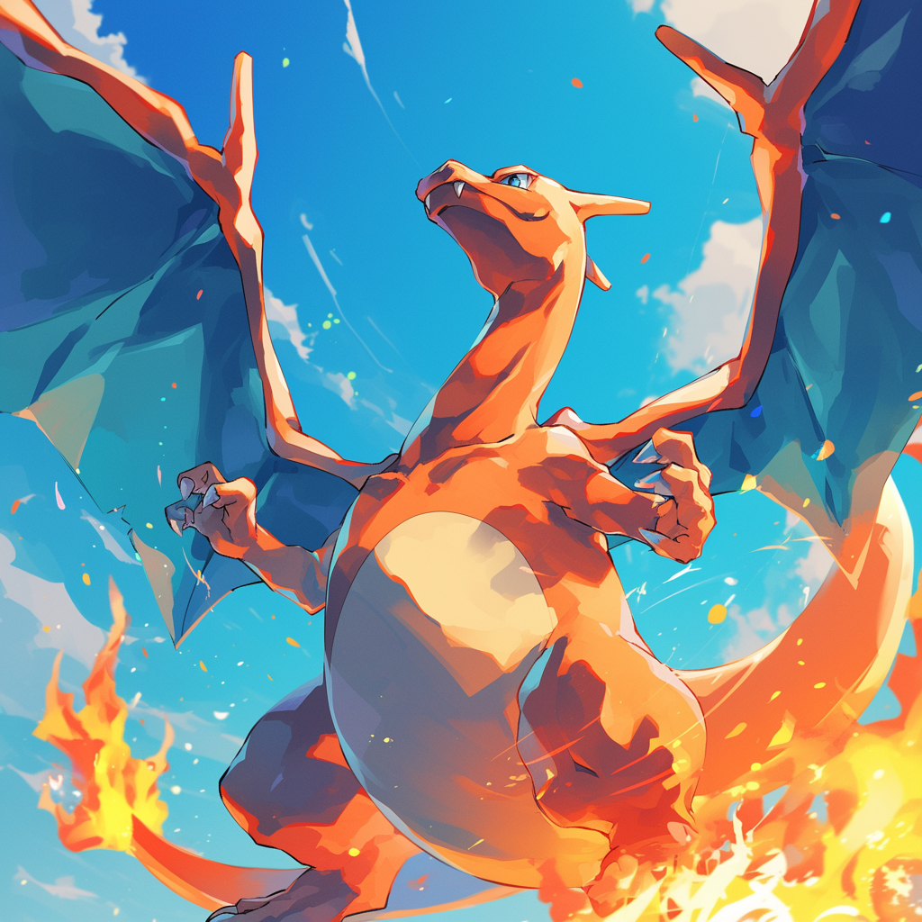 Avatar of Charizard from Pokémon, depicted with vibrant flames against a bright blue sky.