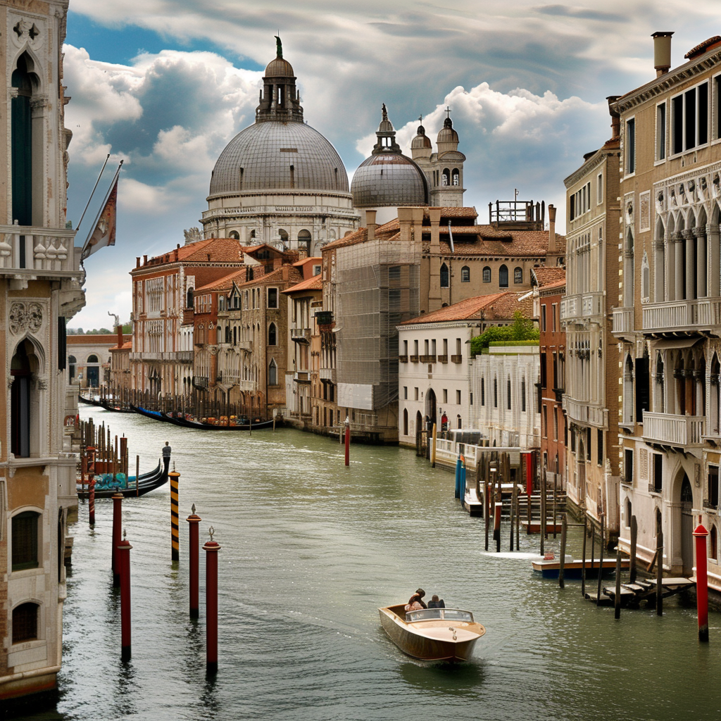 Scenic view of the Grand Canal in Venice, Italy, with a boat navigating the waterway and historic buildings lining the sides under a cloudy sky.