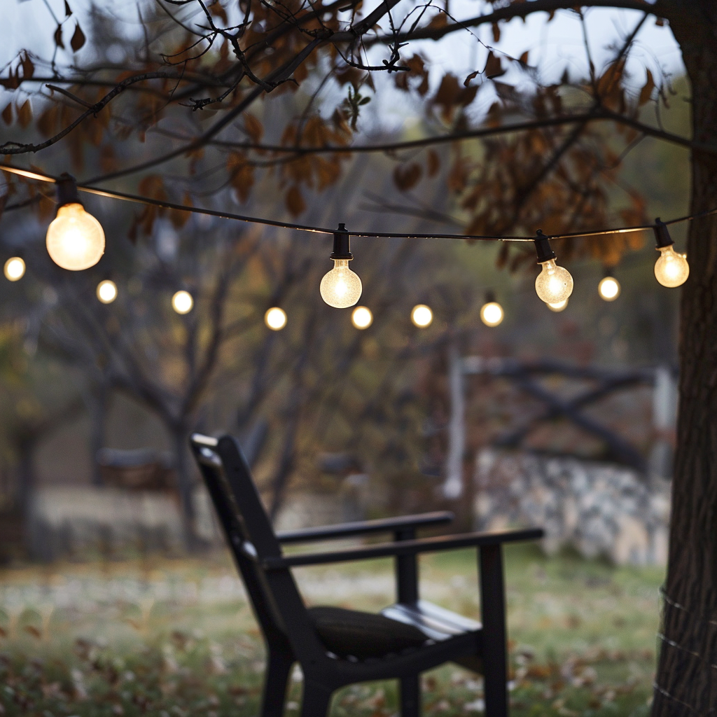 String lights hanging from a tree branch above an outdoor chair, creating a cozy ambiance. Perfect for profile pictures or avatars.
