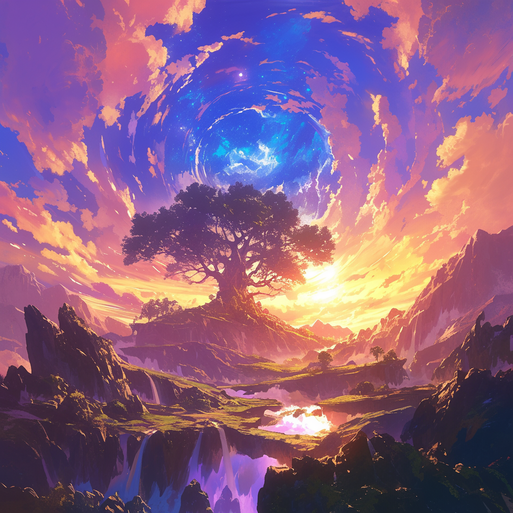 Fantasy anime landscape avatar featuring a majestic tree under a swirling cosmic sky with vivid sunset colors, perfect for a profile picture or pfp.