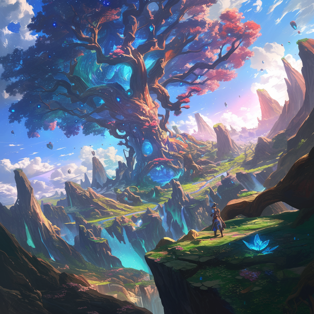 Enchanting anime fantasy landscape with a majestic tree, crystalline structures, and ethereal lighting, ideal for an avatar or profile picture.