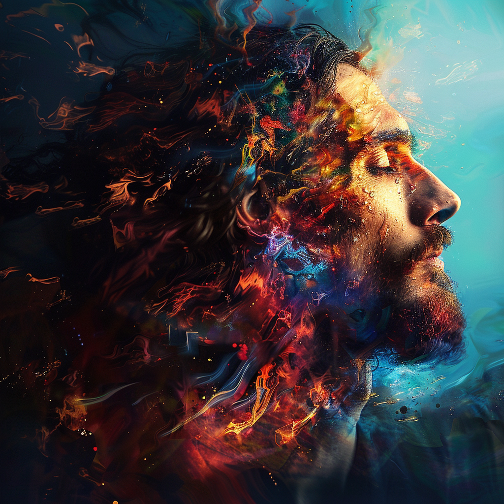 Abstract artistic avatar featuring a profile view of a figure tagged as Jesus, with vibrant colors and dynamic textures.