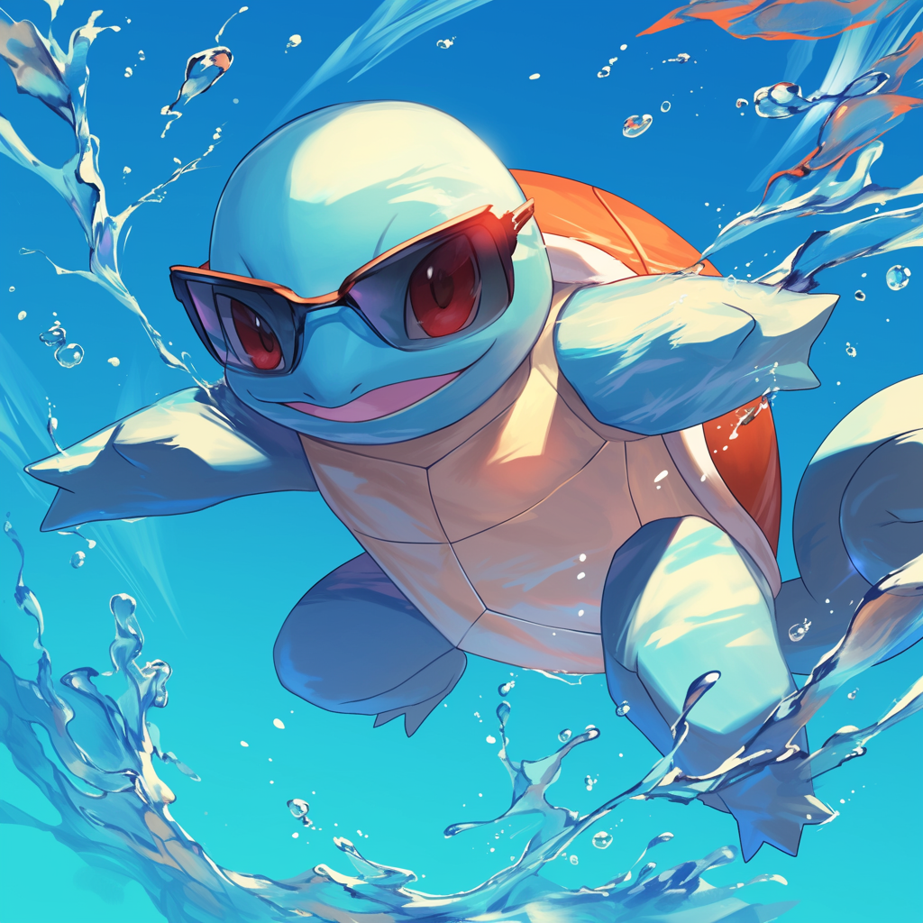 Stylized avatar of Squirtle, a popular Pokémon, wearing sunglasses and splashing in water.