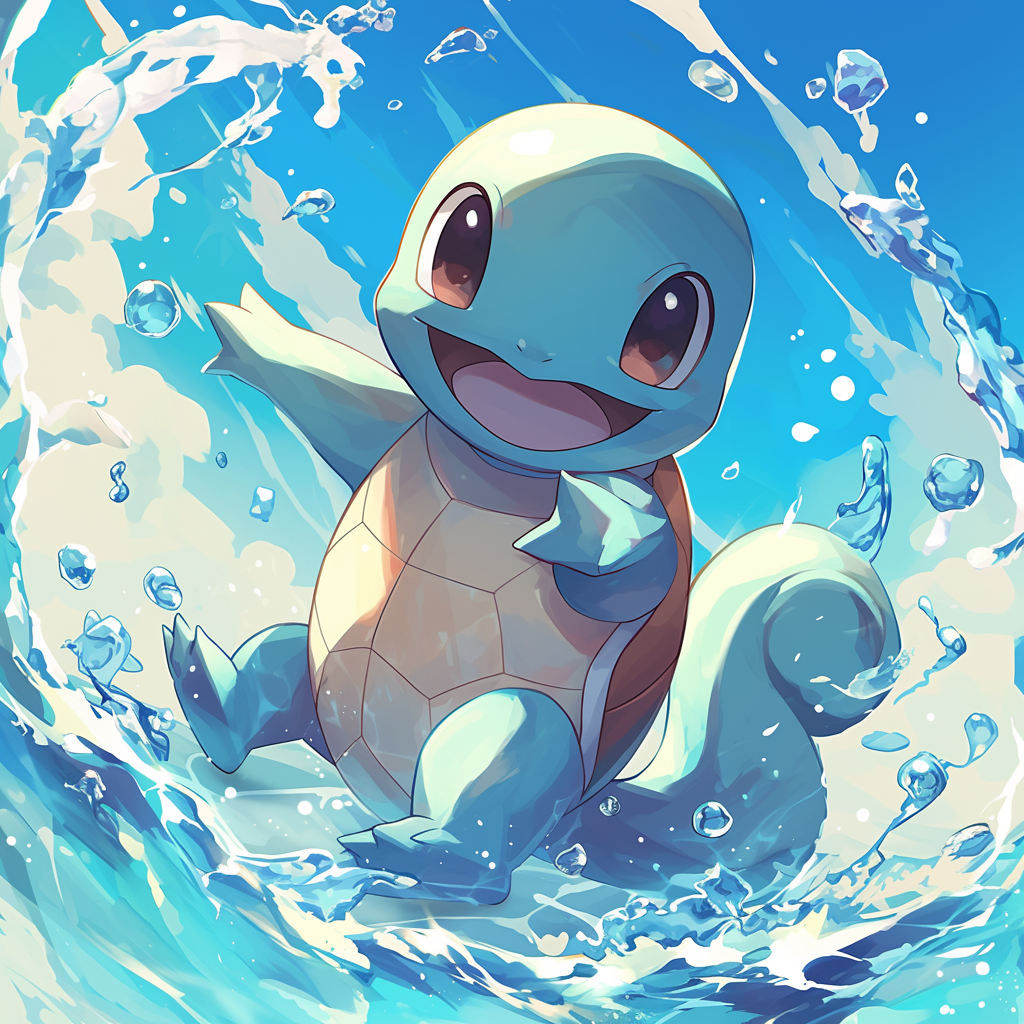Cheerful Squirtle Pokémon avatar surrounded by splashing water, ideal for a profile picture.
