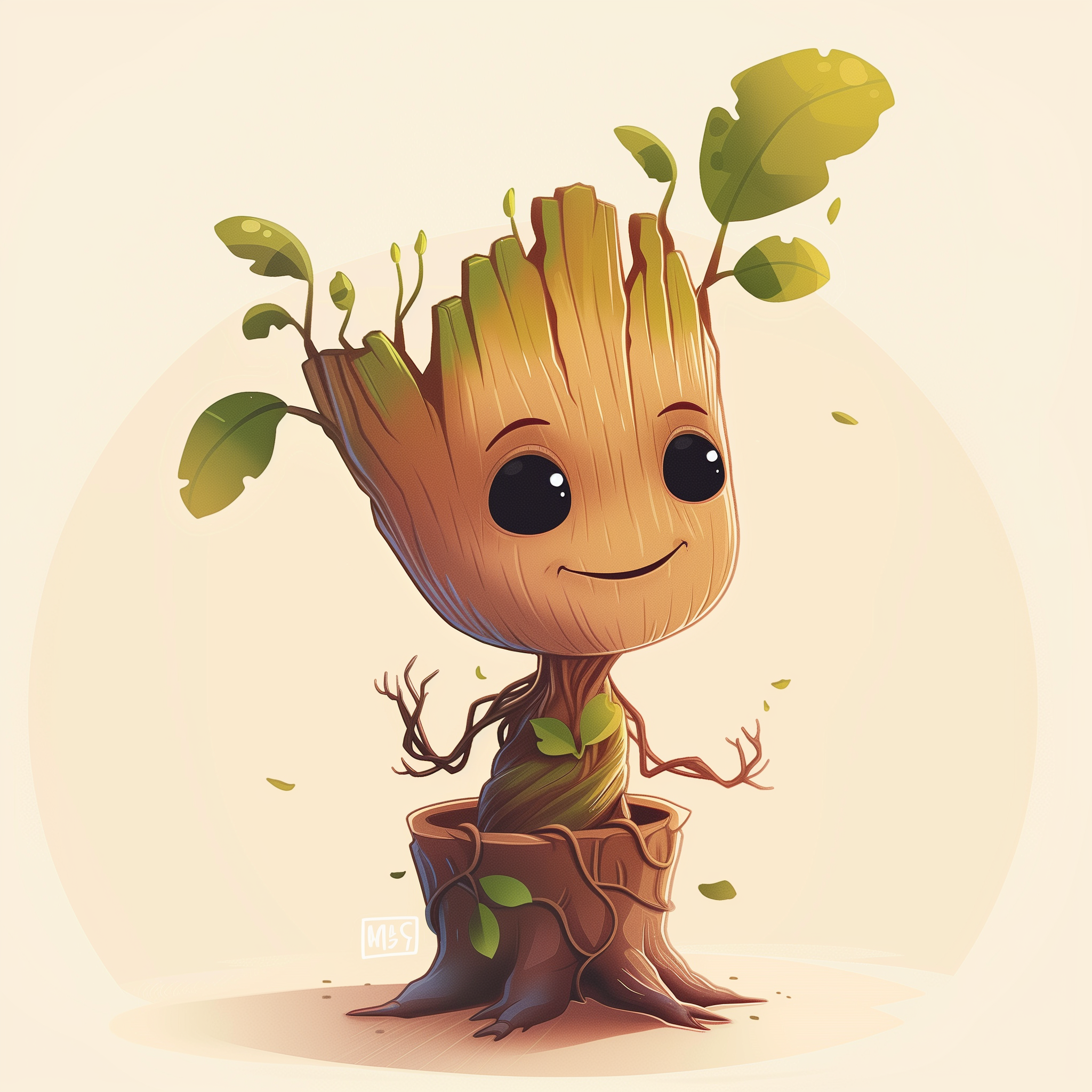 Cute animated avatar of Baby Groot from Marvel Comics, standing with a friendly smile and leaves sprouting.